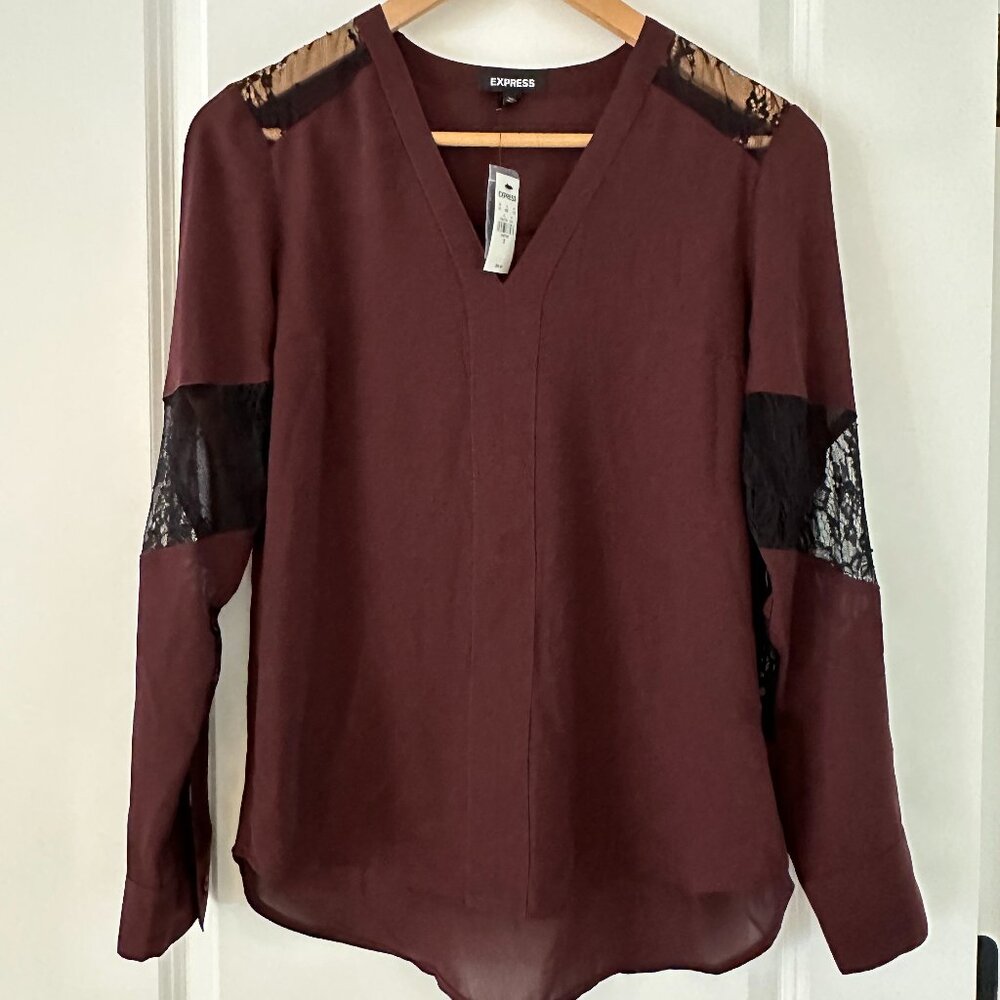Maroon Blouse with Black Lace Detail